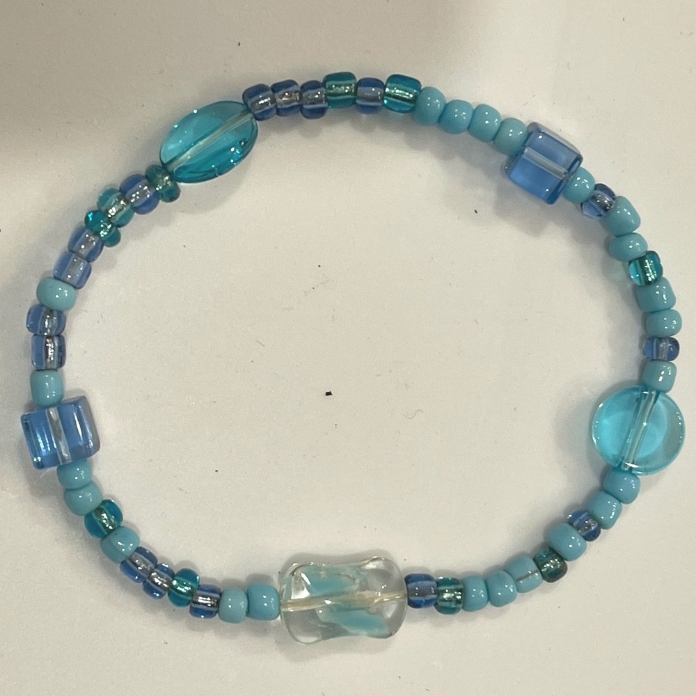 Blue Glass Beaded Stretch Braceletā Aqua Turquoise Coastal Handmade Jewelry